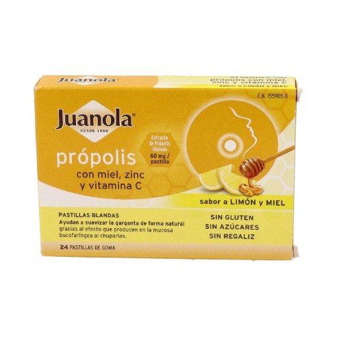 JUANOLA PROPOLIS MIEL ZINC Y VITAMINA C  24 PASTILLAS DE GOMA SABOR LIMON MIEL